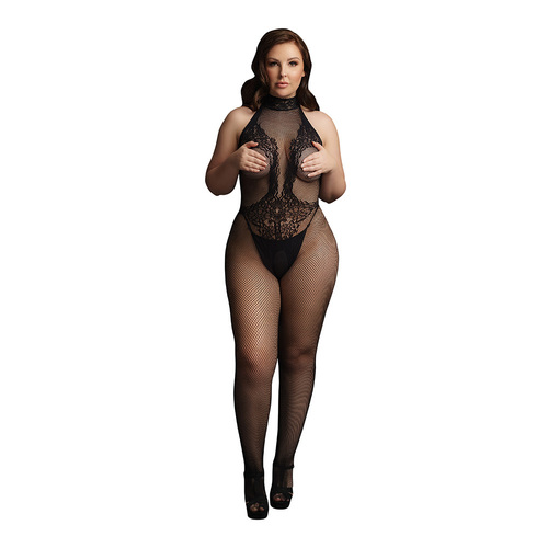 Fishnet and Lace Bodystocking - Black - Plus Size